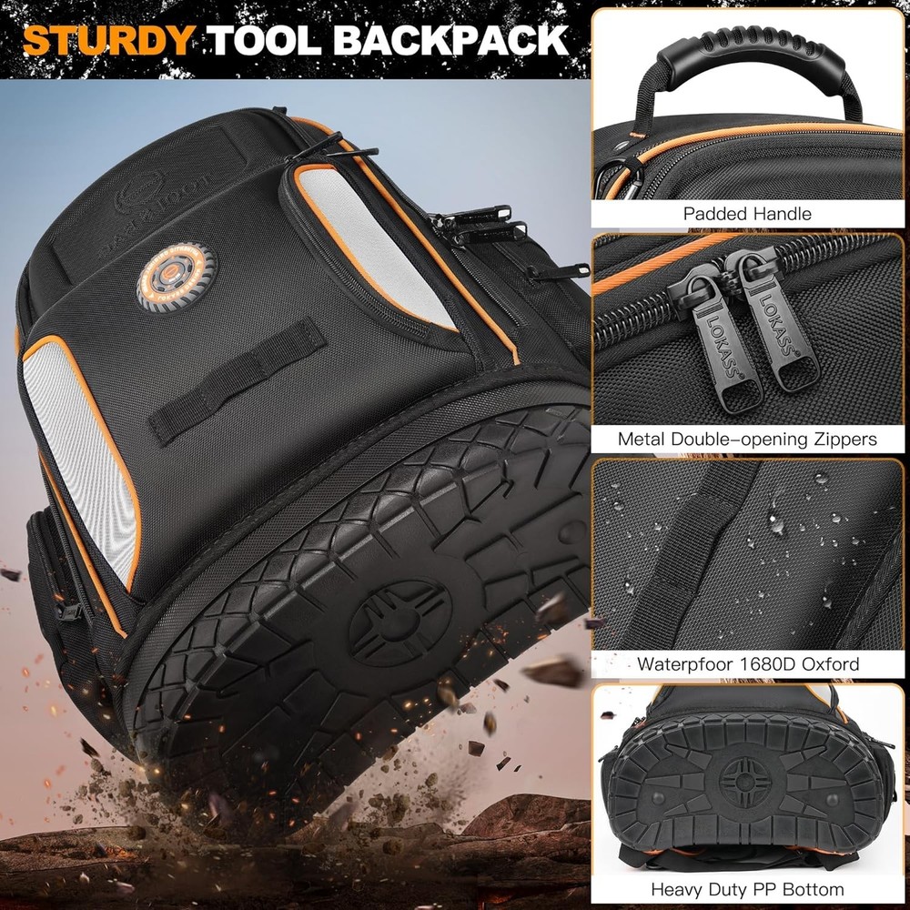 Professional Tool Backpack with 75 Pockets & Pull-Out Storage - Black & Orange