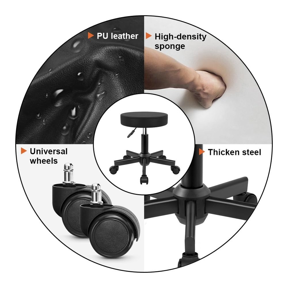 Round Stool Rolling Stools PU Leather Height Adjustable Stool with Wheels Swi...