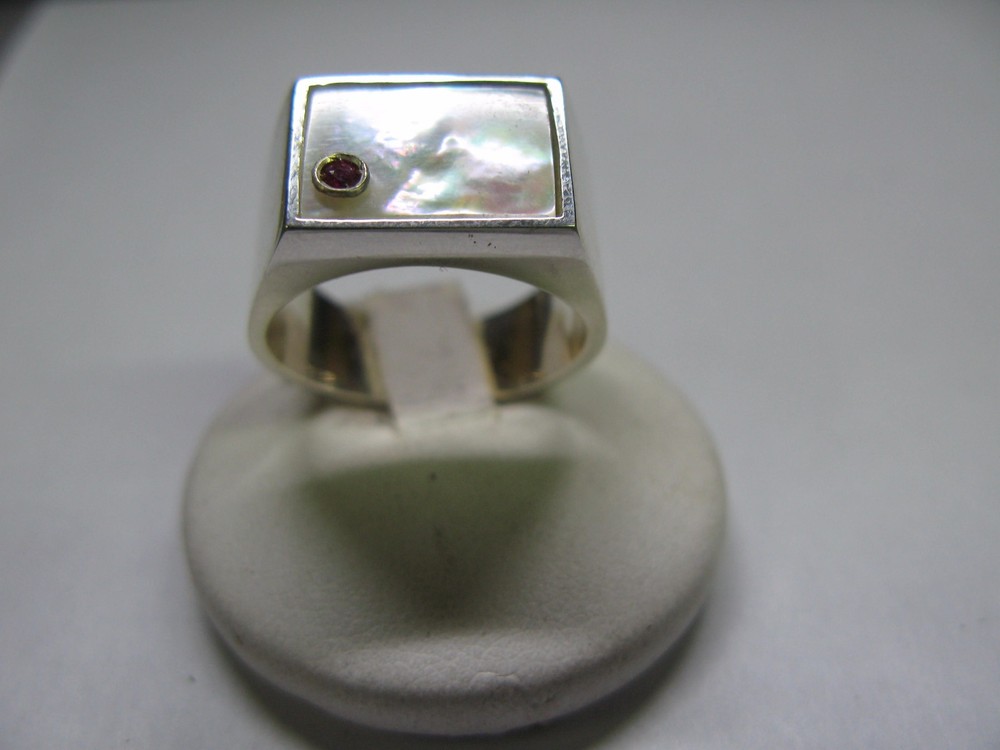 SILVER RING 925 °°° MAN PEARL SQUARE HAND WORKED AND RUBY / EMERALD / ZAFFIRO