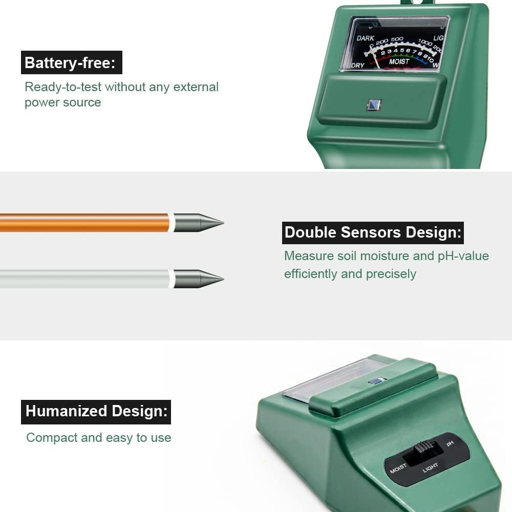 User-Friendly Soil pH Meter with Moisture & Light Testing – No Batteries Needed