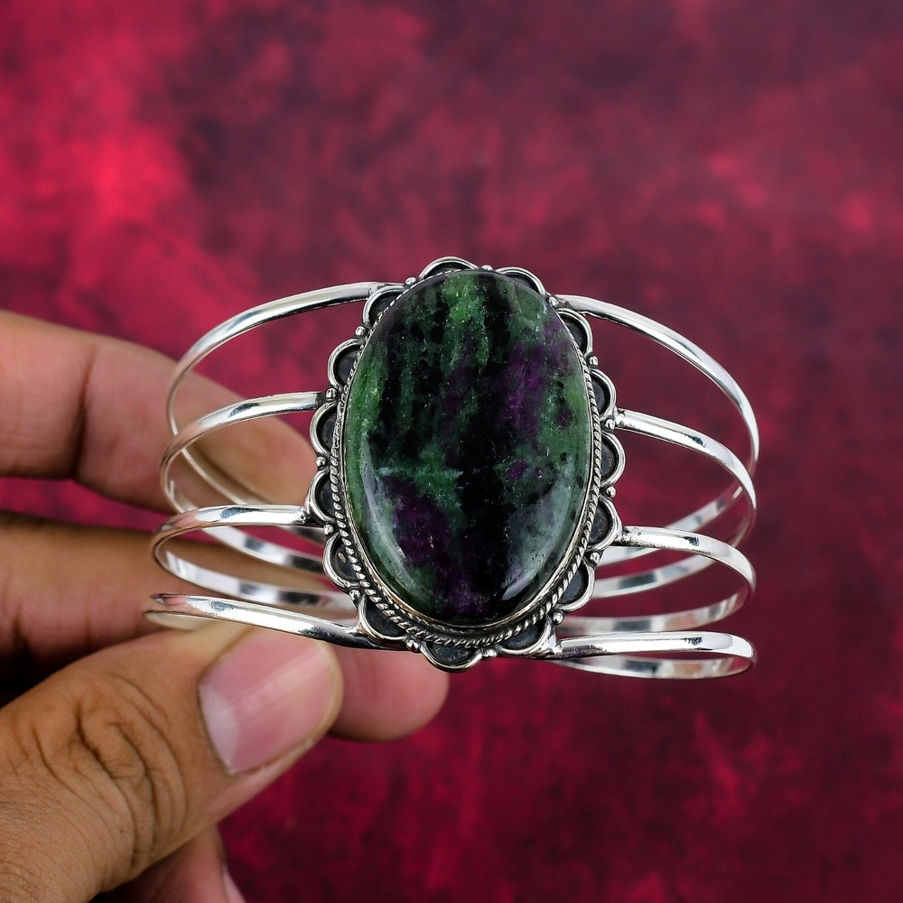 Ruby Zoisite Gemstone 925 Sterling Silver Handmade Adjustable Bangle Jewelry