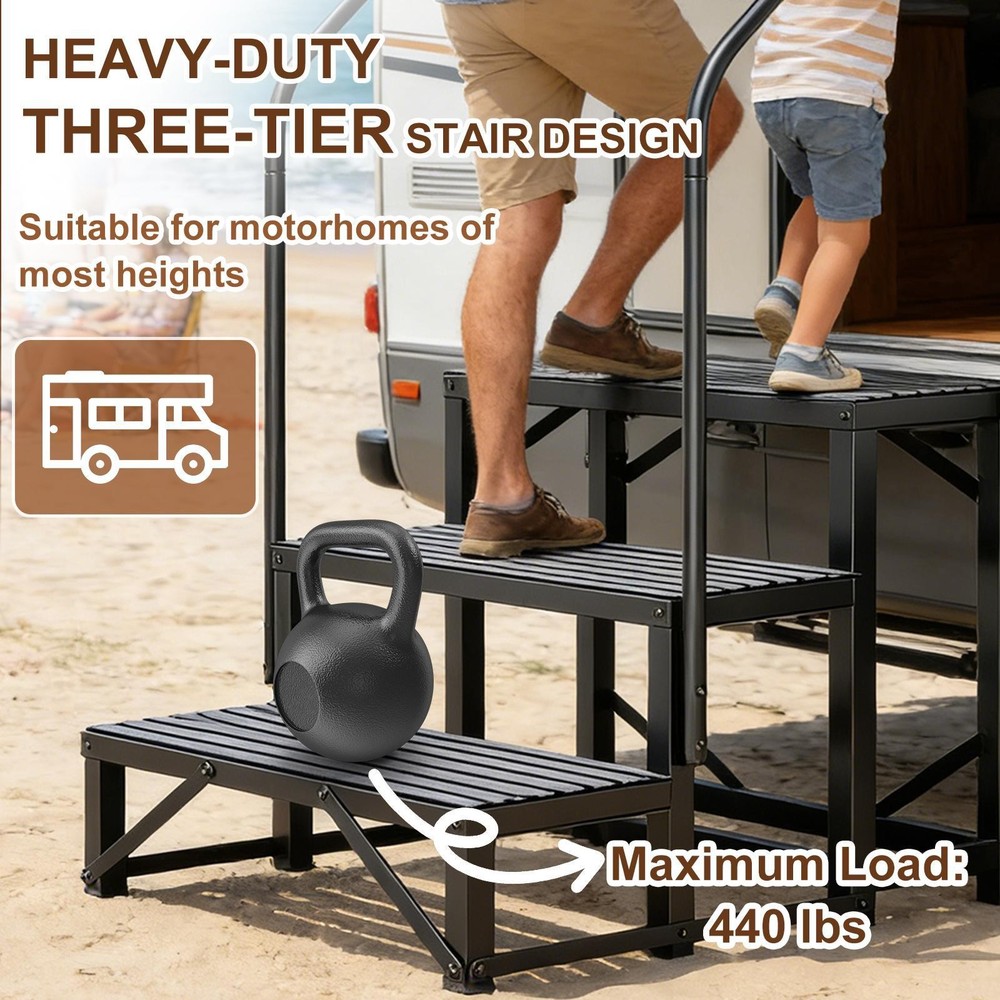 3 Steps RV Steps Outdoor Stairs w/ Handrails, Non-Slip 440lbs