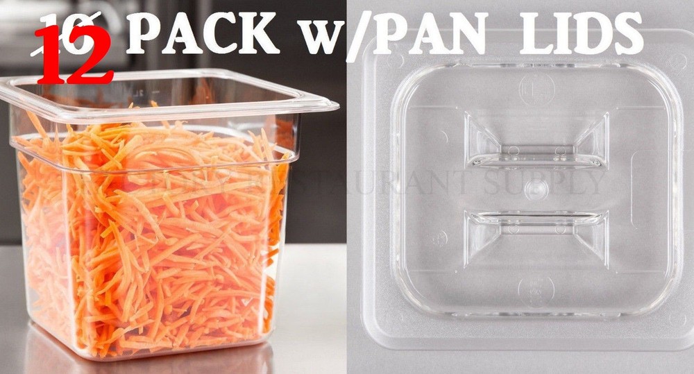 12 PACK 1/6 Size Clear Plastic Steam Prep Table & Pan Lid 6" Deep Polycarbonate