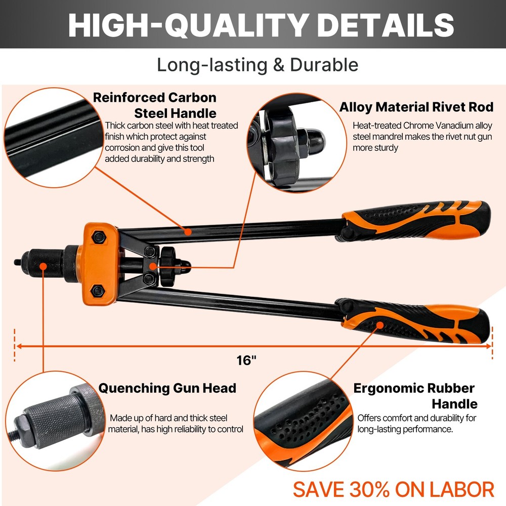 123PC 16" Rivet Gun Kit Rivnut Thread Setting Tool Nut Setter Metric&SAE Mandrel