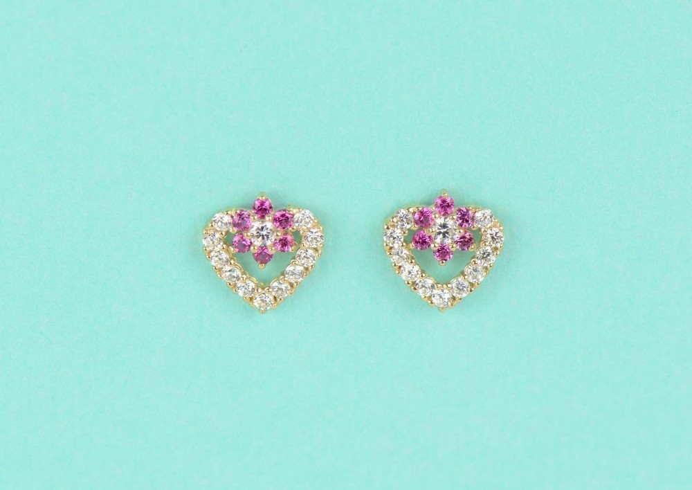 14K Yellow Gold Stud Heart Shape CZ Stud Earrings
