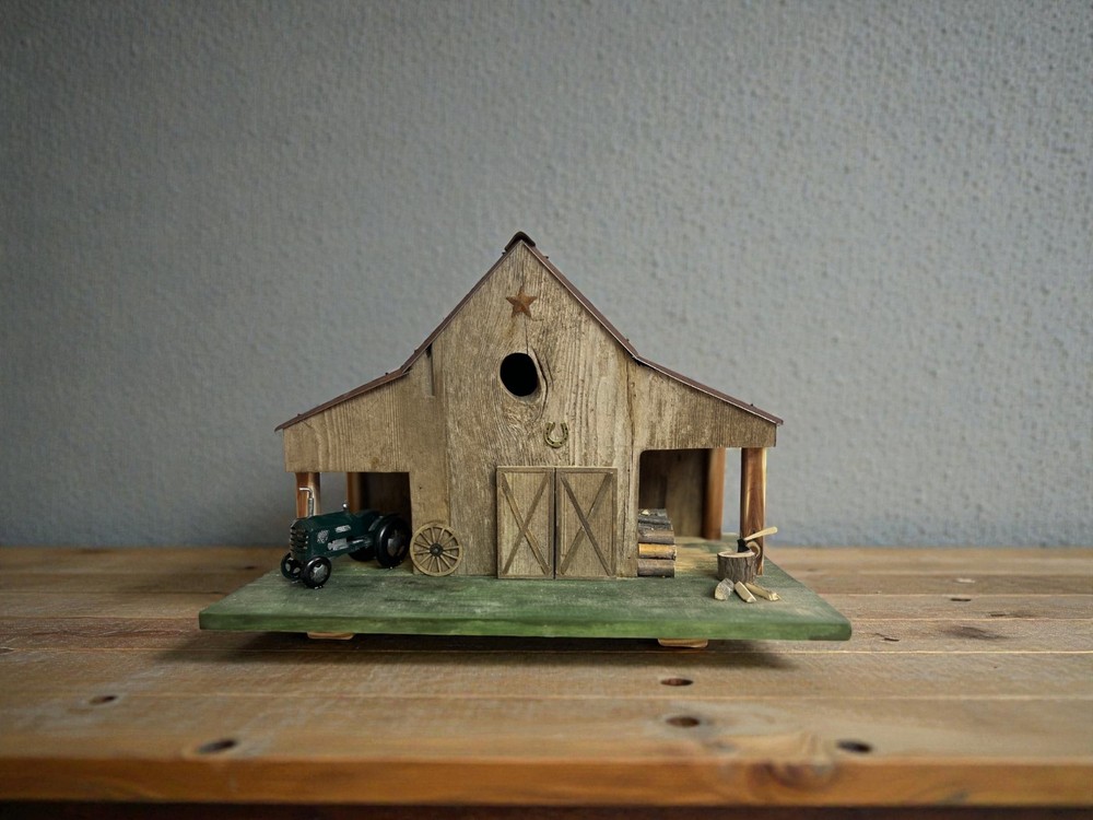Handcrafted Rustic Barn Birdhouse with Tractor