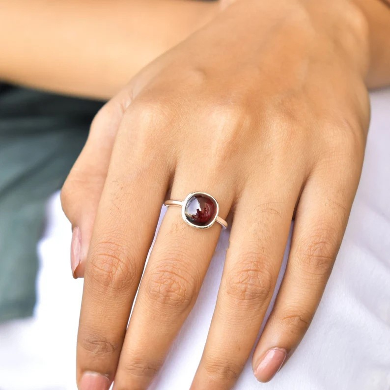 Solid 925 Sterling Silver Cushion Red Garnet Genuine Healing Gemstone Ring