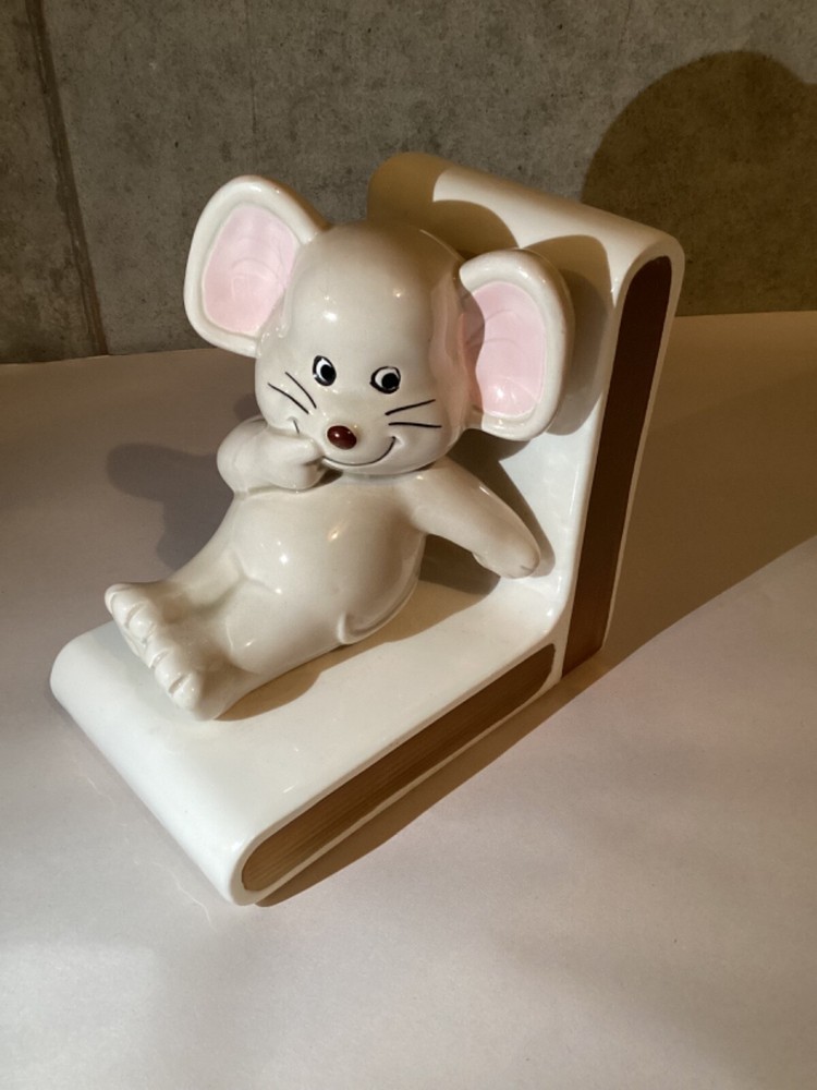 Vintage Lefton White Gold Mouse Single Bookend Japan Ceramic 5” x 5”