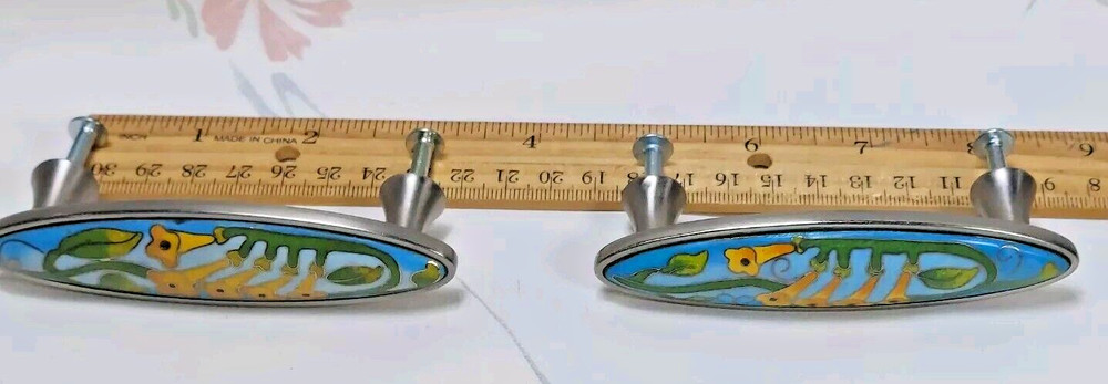 Two Enamel Cloissonais Cabinet Drawer Pulls - Beautiful