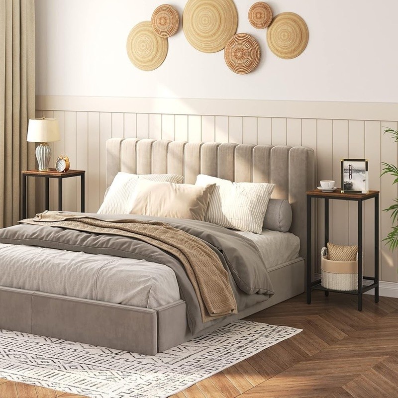 Tall Side Table Nightstand Small Space Adjustable Shelf Rustic Industrial New