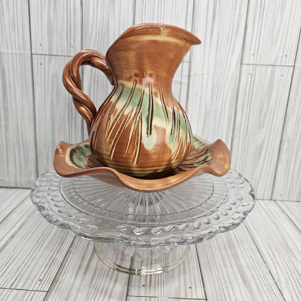 Art Studio Pottery Pitcher & Basin Twisted Handle Ruffled Basin Unique