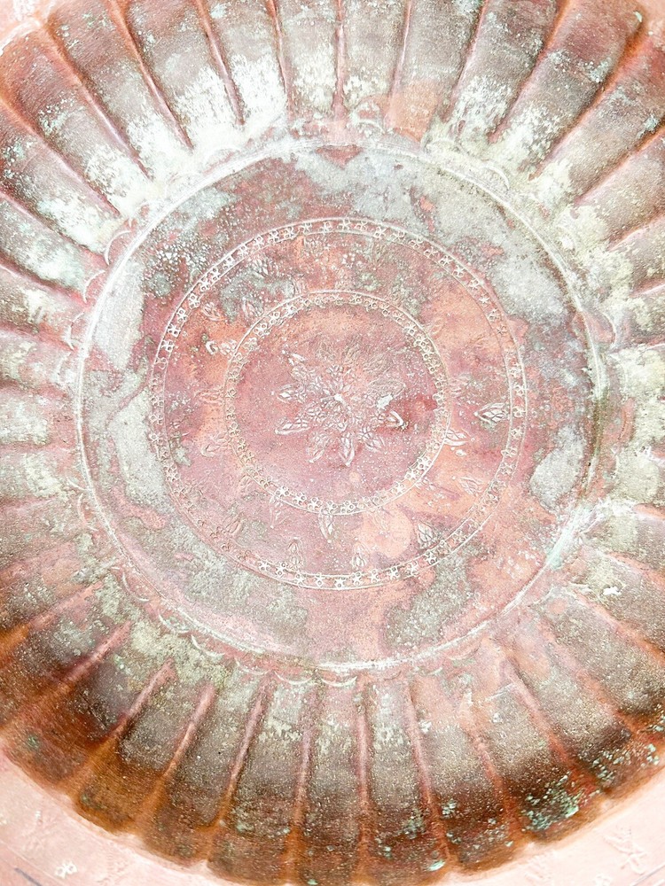 EGYPT SIGNED Antique Solid Bowl Copper Embossed Carvings Hammered Handmade