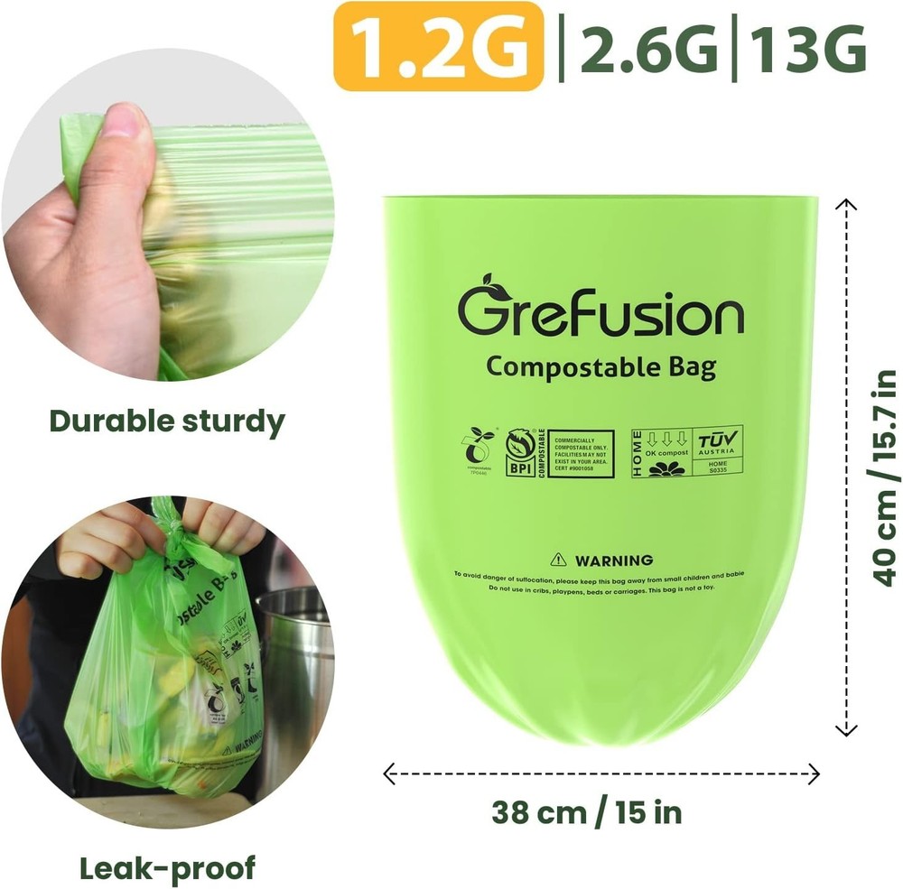 GreFusion Compostable Bags for Kitchen Compost Bin, 1.2 Gallon, 125 Count