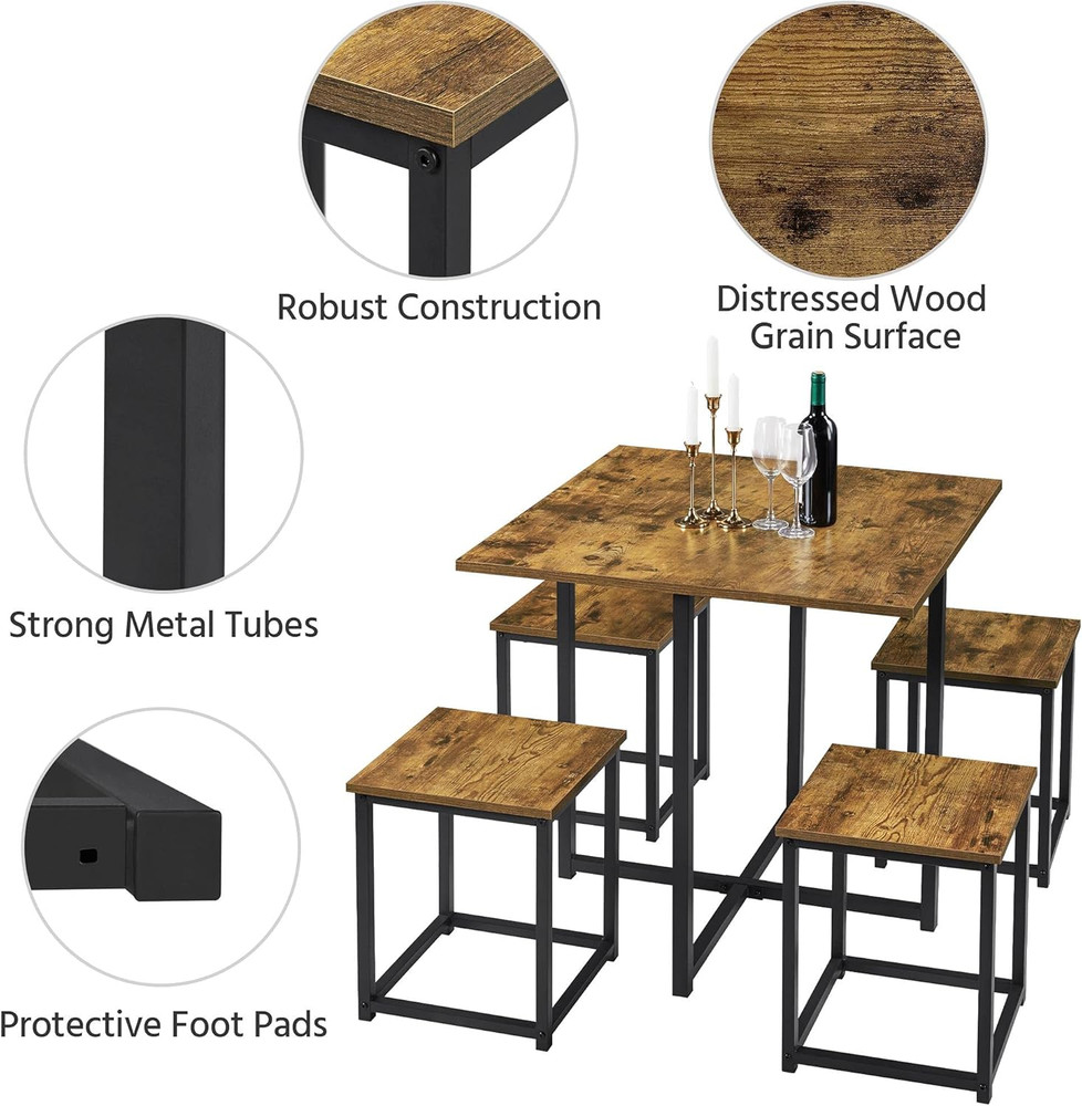 Industrial Dining Table Set for 4 Compact Kitchen Table and 4 Stools Space Savin