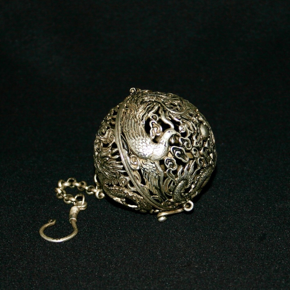 Vintage Copper work dragon, phoenix, openwork Hanging incense burner