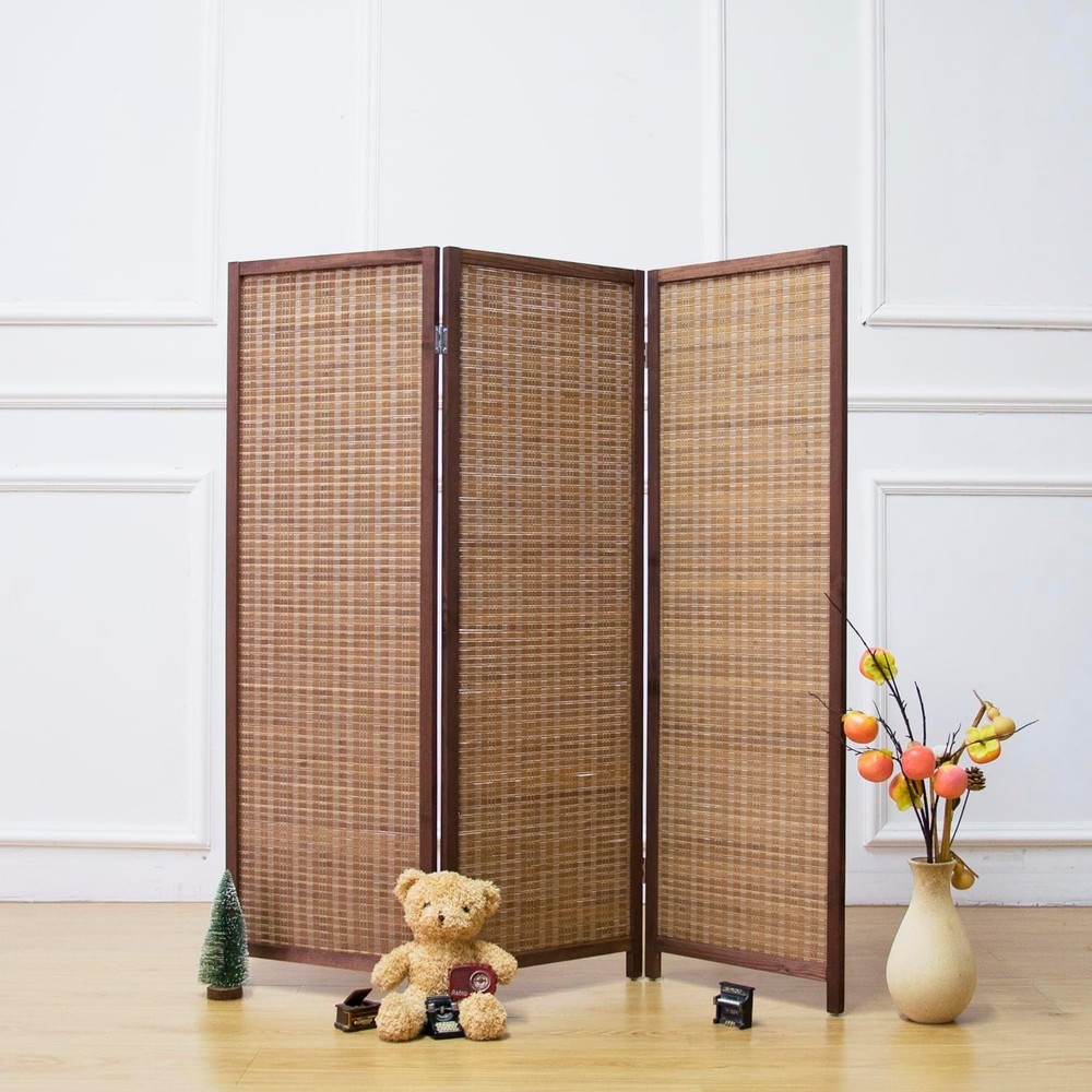 3 Panel Bamboo Room Divider Folding Screen Double Sided Privacy Screen Brown