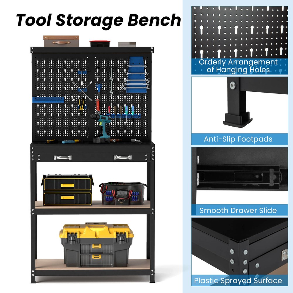 Multi-use Workbench with 2 Shelves Heavy-Duty Work Table Tool Storage Bench