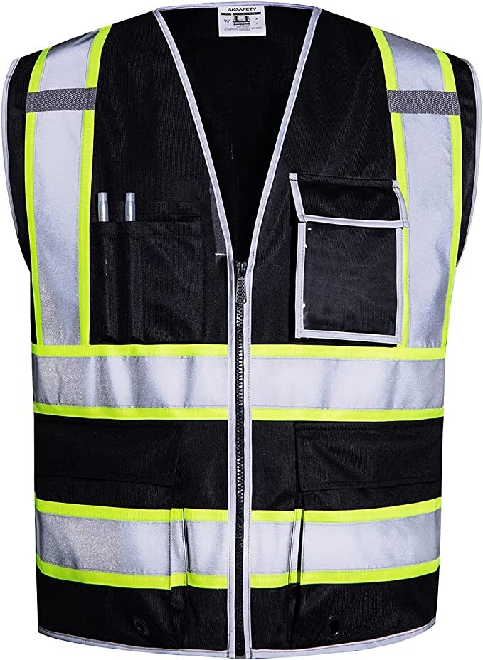 Hi Visibility Reflective Black Safety Vest /Solid knit Fabric front and back