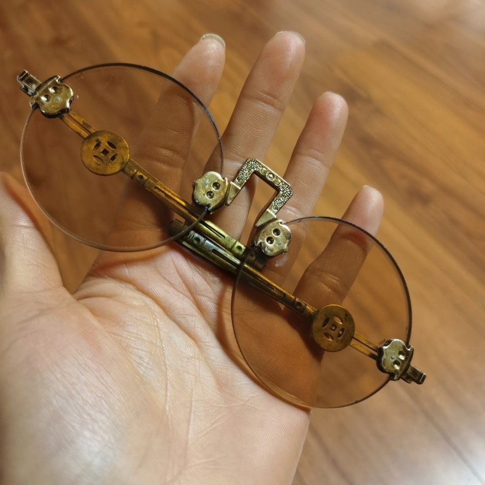Vintage Crystal Brown Stone Pattern Lenses Solid Copper Frame Antique Sunglasses