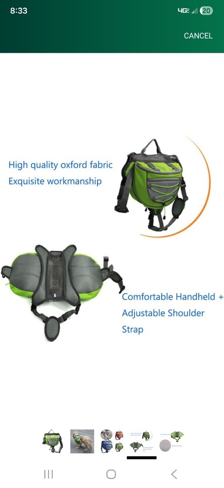 Adjustable saddle bag for large dog.