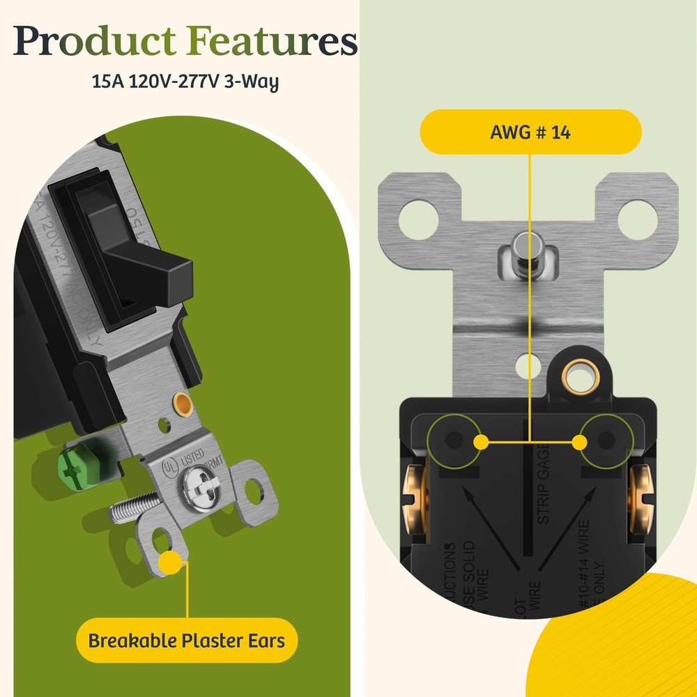 TG 3-Way Toggle Light Switch with Wall Plate, 15 Amp Electrical Wall Switch, ...