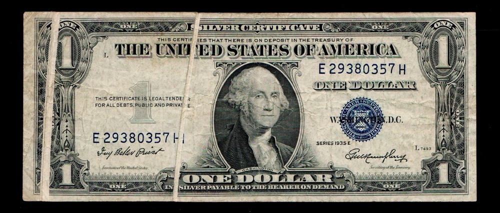 ((Gutter Fold Error)) $1 1935-E Silver Certificate Blue Seal Free Shipping (B75)