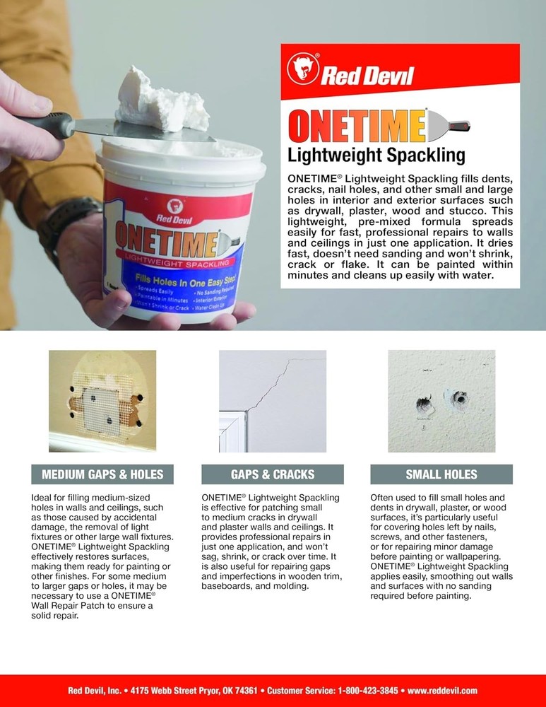 Versatile 1 Pint ONETIME Spackling Paste - Quick, No-Sand Wall Repair Solution