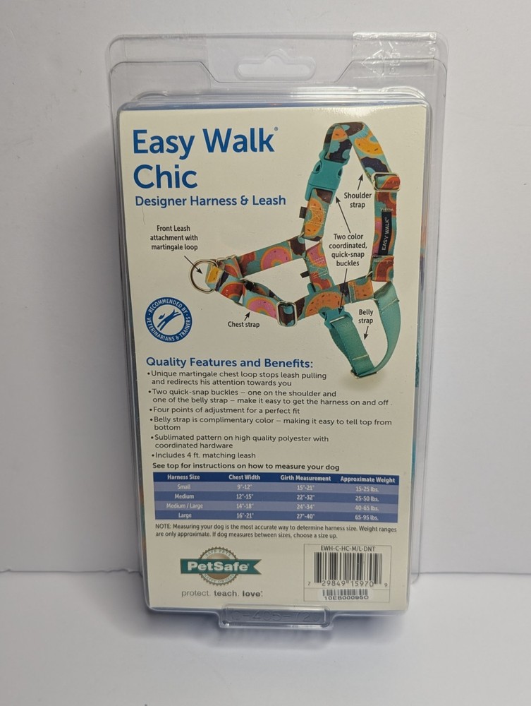 PetSafe Designer Easy Walk Chic Harness and Matching Leash Medium/Large, DONUTS