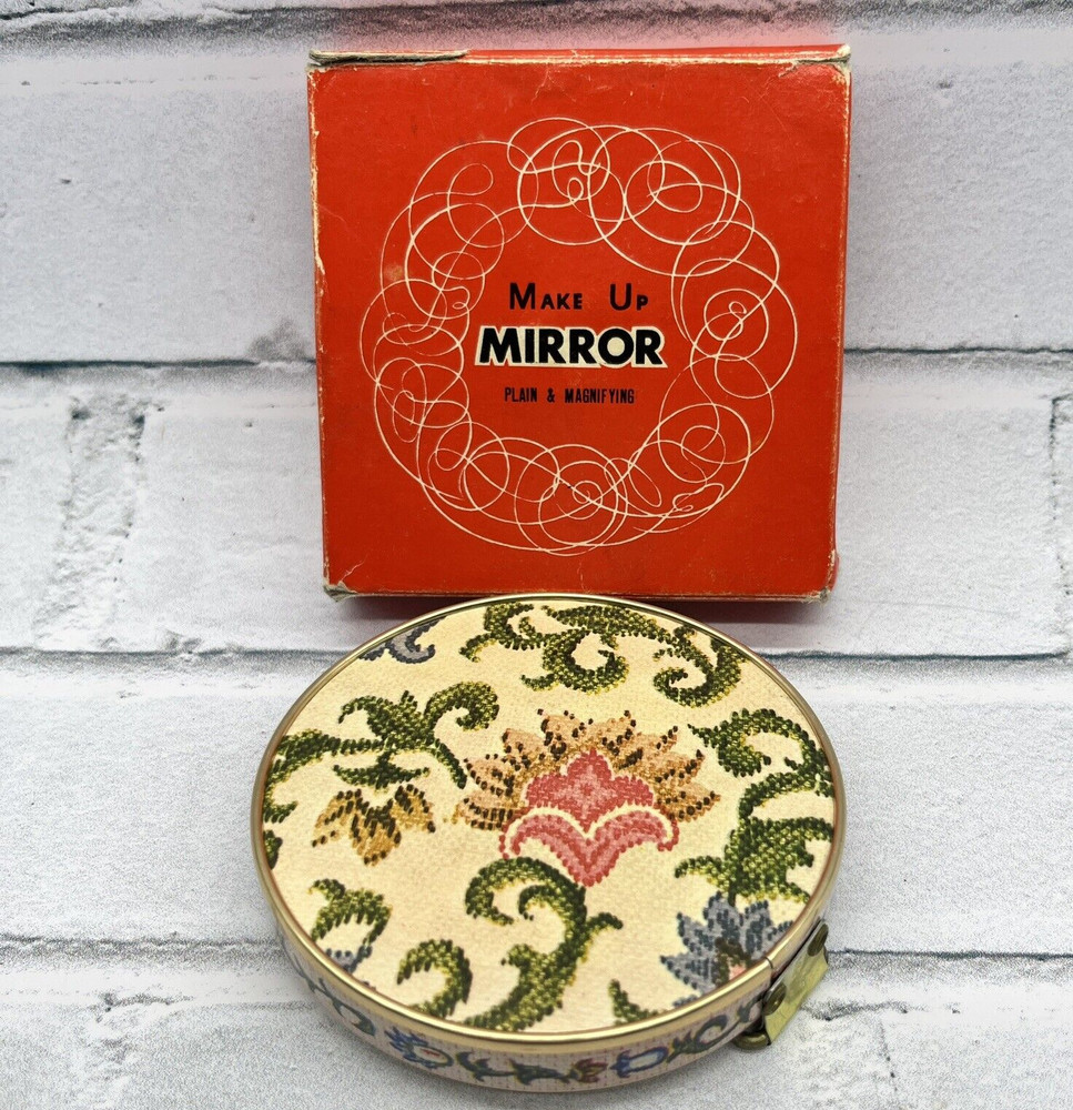 Vintage Folding Make Up Mirror Japan Round Folding Needlepoint Tapestry