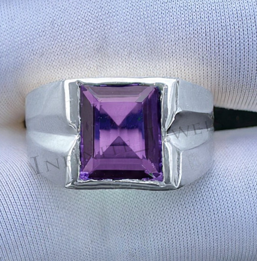 Natural Amethyst Gemstone Emerald Cut Ring Solid 925 Sterling Silver Men's Ring