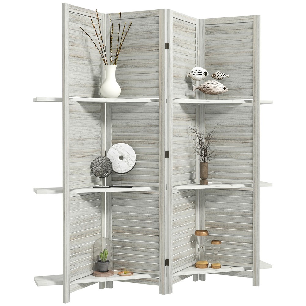 4 Panel Privacy Screen, Room Divider with 3 Shelves Distressed White