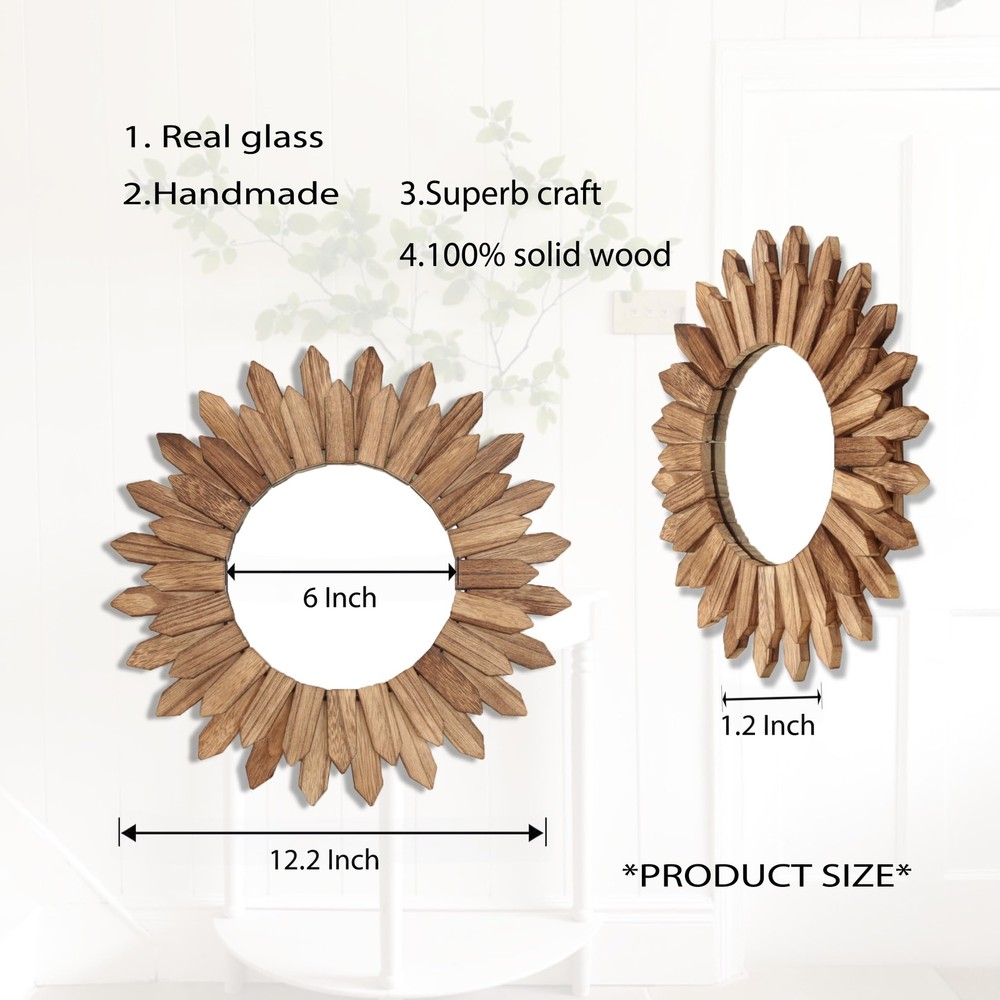 Boho Wall Decor Sunburst Mirror 3 Pack Rustic Round Wood Mirror 12 Inch Boho Mir