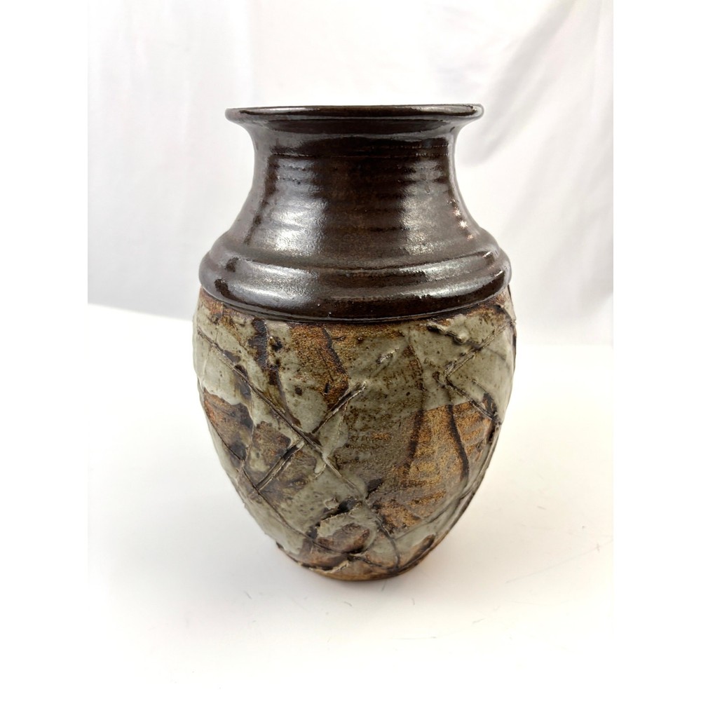 Vintage Studio Art Pottery Vase Impressed Leaf Design Rustic Stoneware Glaze