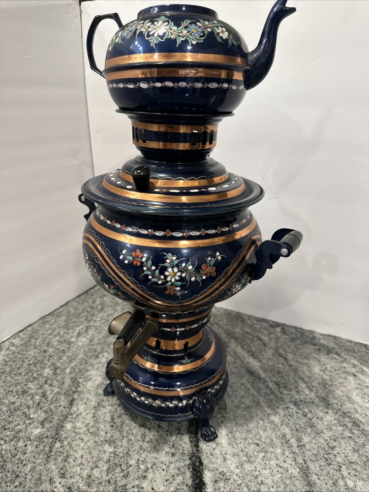 Vintage 5 lt Blue Electric Copper Samovar Tea Set Cylinder Kettle Decorative