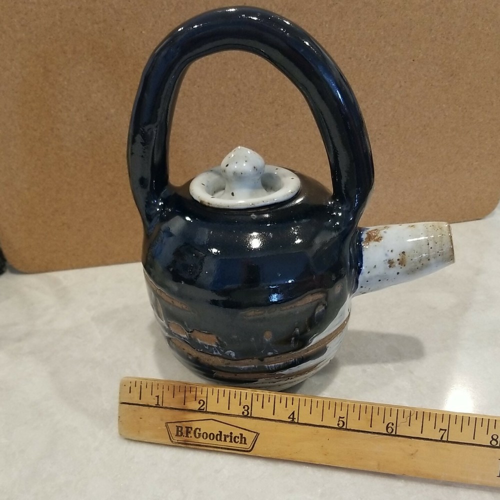Drip Glazed Clay Teapot Handmade Signed Molded Handle Stubby Spout