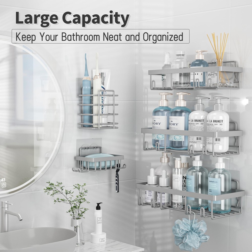 5 Pack Grey Shower Caddy Organizer Rustproof Stainless Steel Adhesive Mount