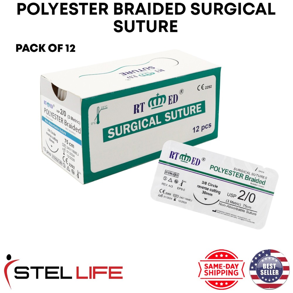 Polyester 2/0 Suture Practice Sutures Thread Sterile 12 Pcs Threads and Needle