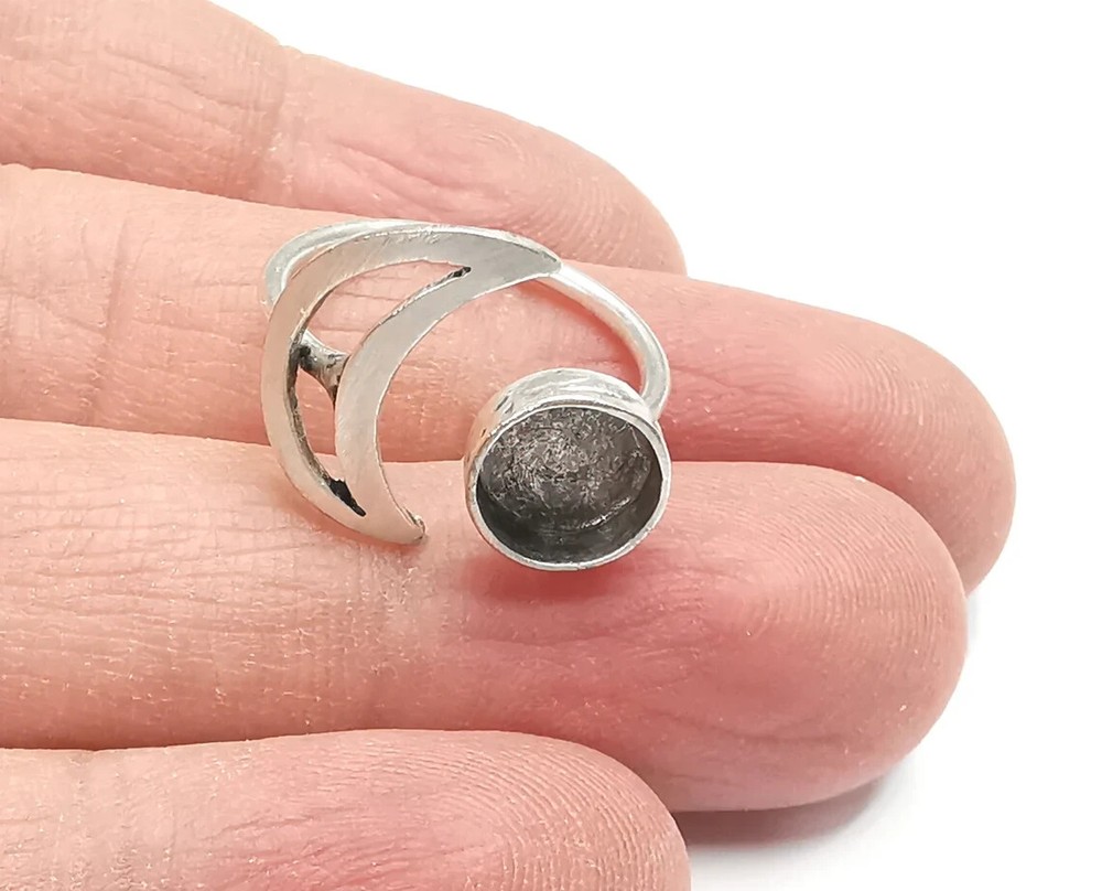 Crescent Moon Silver Ring Blank Base Bezel Settings Cabochon Mountings