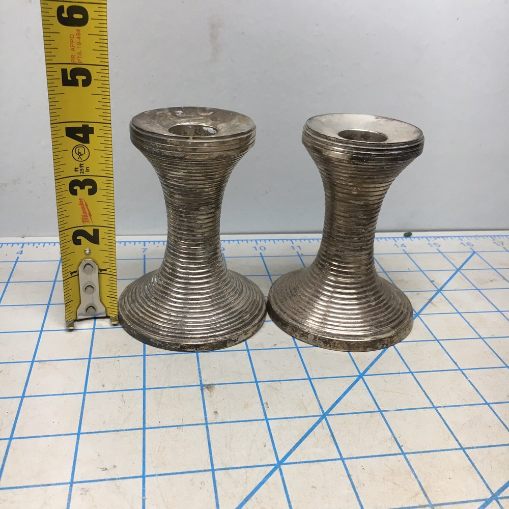 Unknown vintage candlesticks ribbed pair silver chrome Short 4” Tall