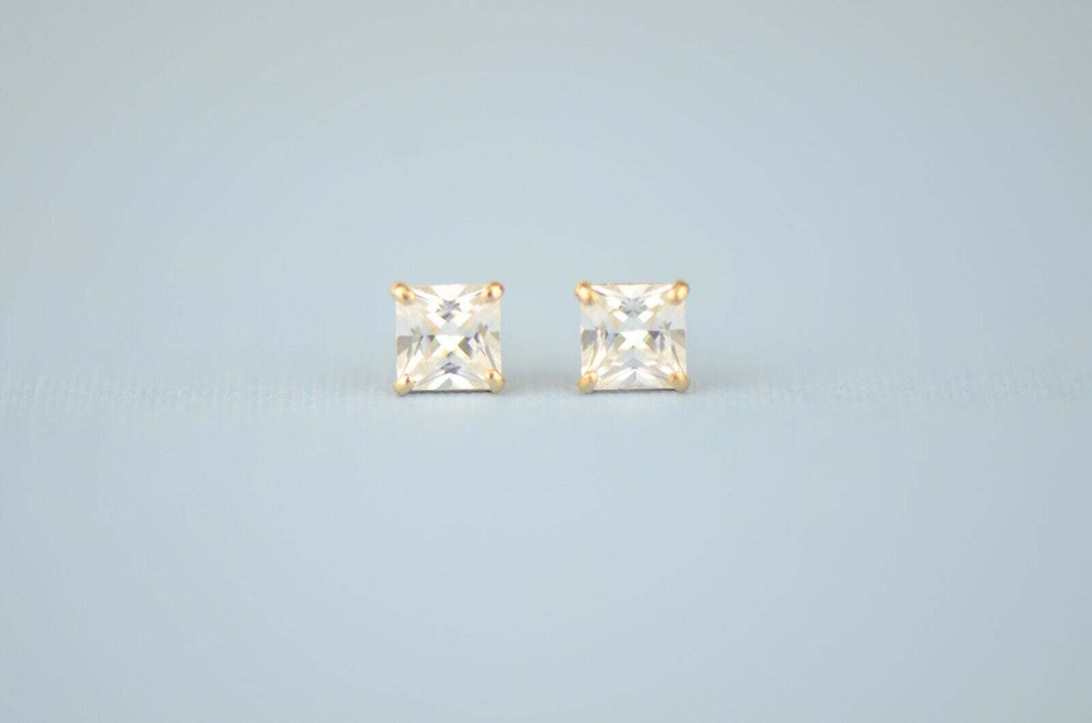 14k solid yellow gold square clear CZ basket set stud earrings 3mm-10mm