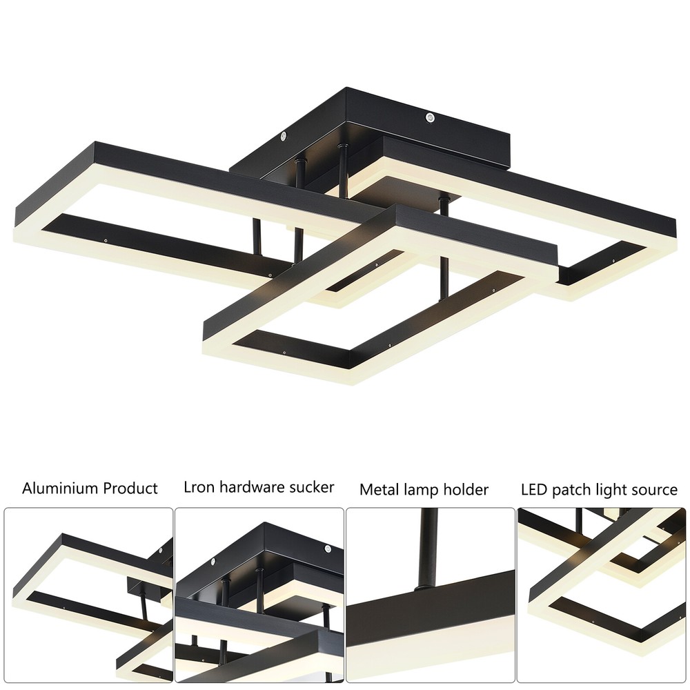 Ceiling Light Black Square Flush Mount Remote Control Dimmable Rectangle