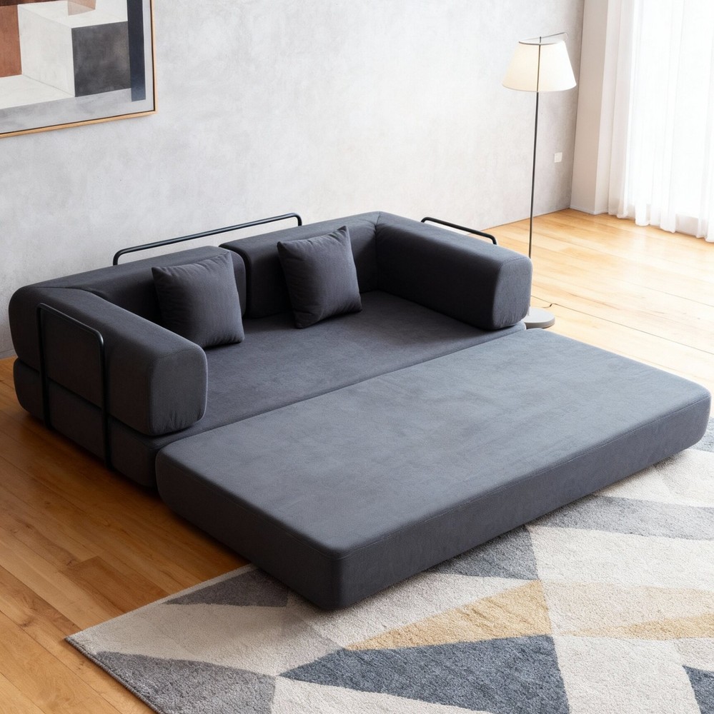 Convertible Sleeper Sofa Bed with Corduroy Mattress & Pillow, Fixed Frame, Grey