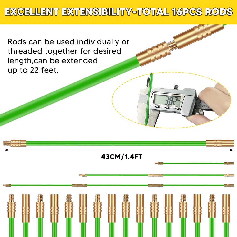 Fiberglass Fish Tape 22FT Electrical Wire Pulling Kit with Attachments for Ca...