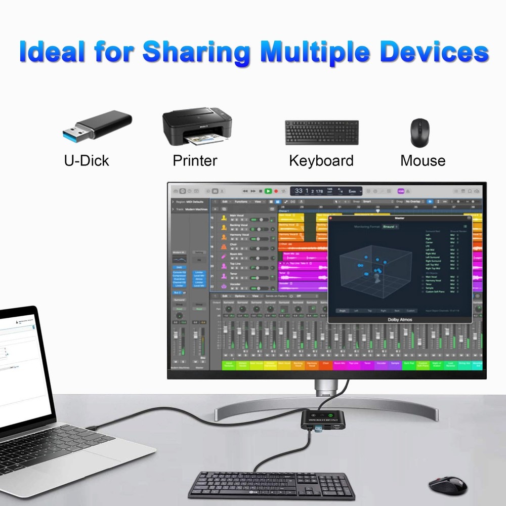 USB Switcher 2 Computers 2.0 Sharing 4 Devices KVM Box PC 2 PCS Cables
