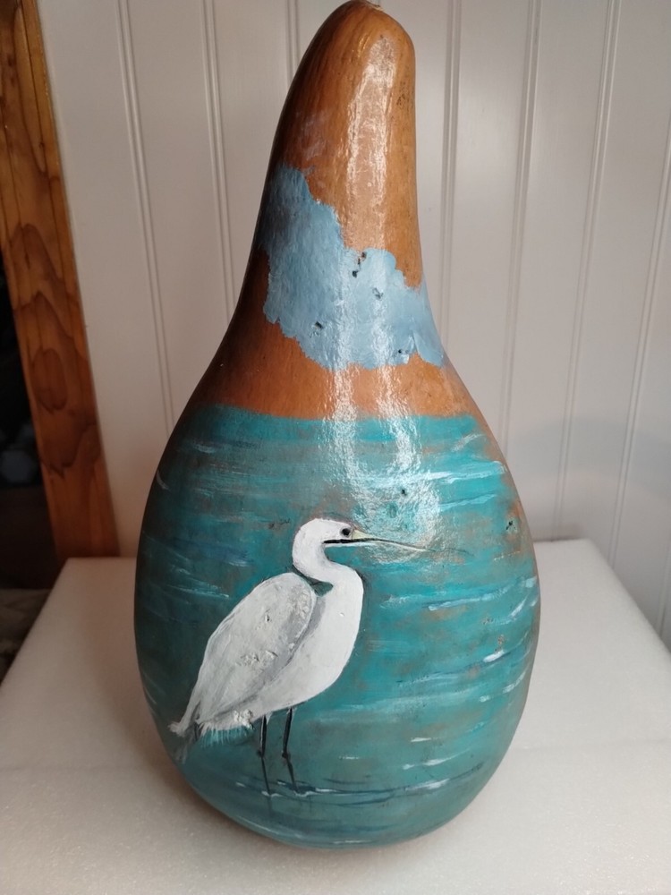 Large Hand painted Crane On  Gourd 16"
