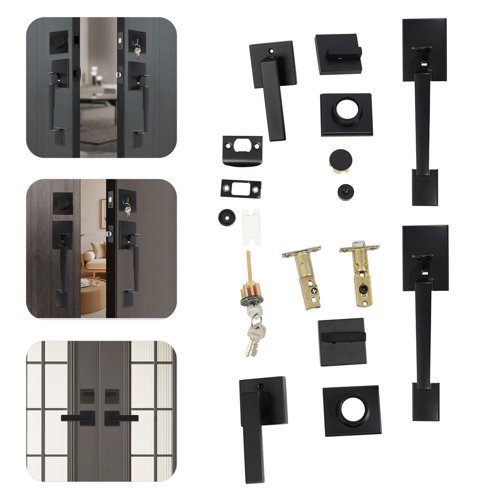 Handle Set w/ Reversible Handle Lever Black Front Door Lock Set Door Handle Set