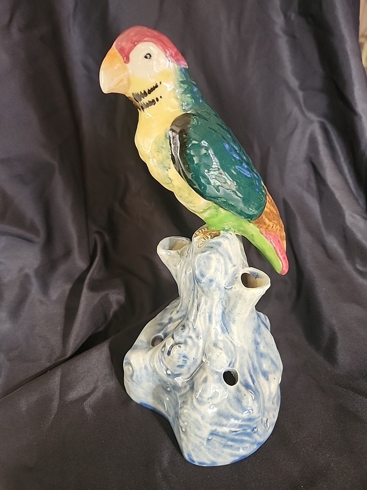 Ceramic Parrot, Flower Frog on a tree stump