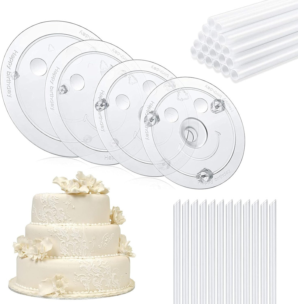 Cake Support Rods & Separator Plates Set | 4 Boards + 32 Rods for Tiered Cakes