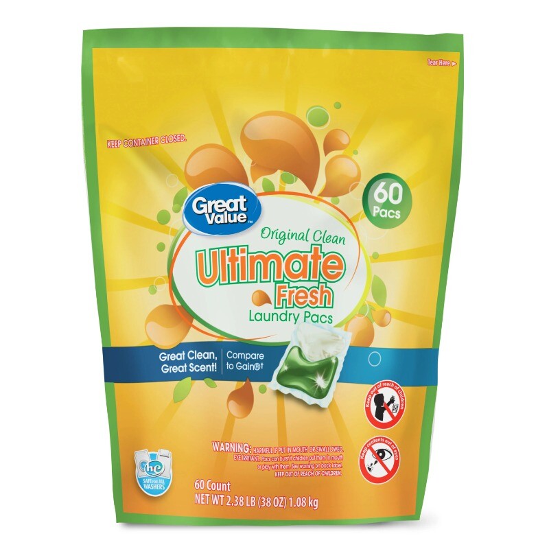 New Great Value Ultimate Fresh Laundry Pacs, Original Clean, 60 Count