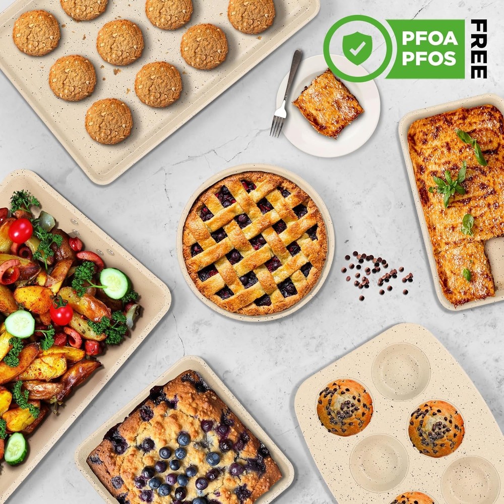 NutriChef 8PC Stackable Carbon Steel Nonstick Bakeware Set Marble Cream